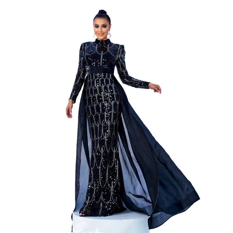 Свадебное платье Европейский и Американский Новый Стиль С Длинным Рукавом Круглый Вырез Длинный С пайетками Банкетный Кейп Рыбий Хвост Вечернее Платье Платье для Подружки Невесты