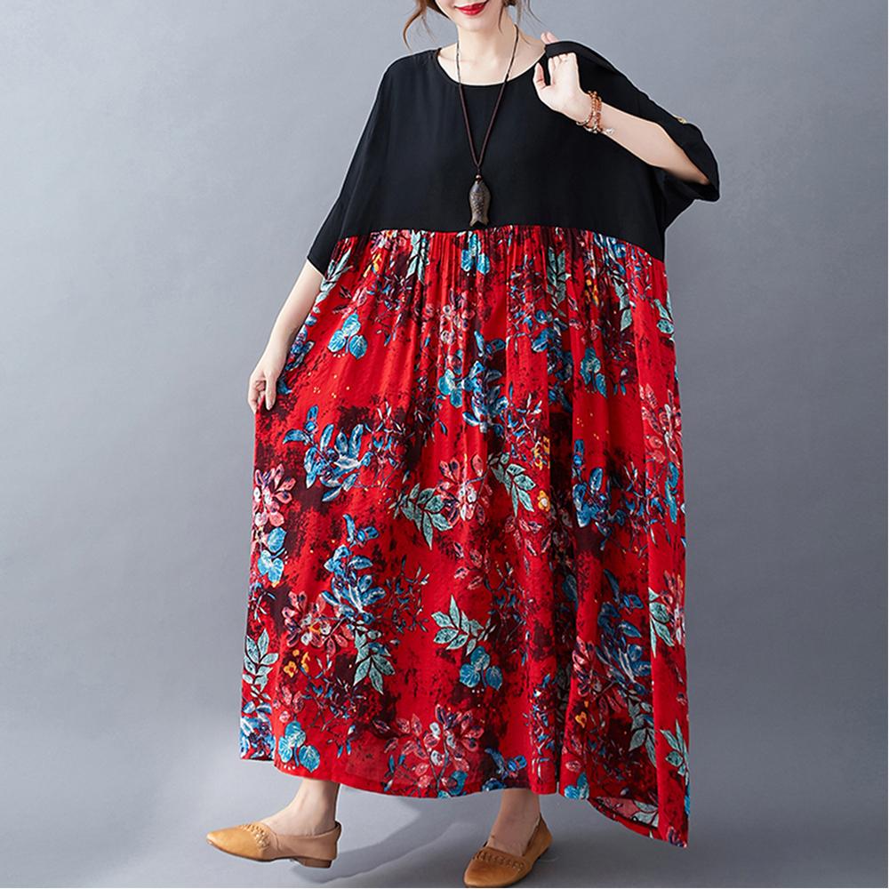 Женское хлопково-льняное платье с цветочным принтом и карманами до середины икры, свободный круглый вырез с короткими рукавами, повседневные размеры больших размеров