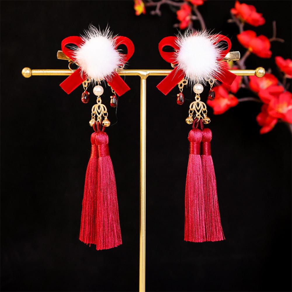 Red Chinese Style Ancient Hairpin Pearl Chinese New Year Side Clip Hanfu Hair Clip  Women