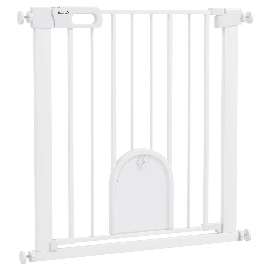 75-82cm Pet Safet Gaye, Pressure Fit Stair, with Cat Flap, Double Locking, White