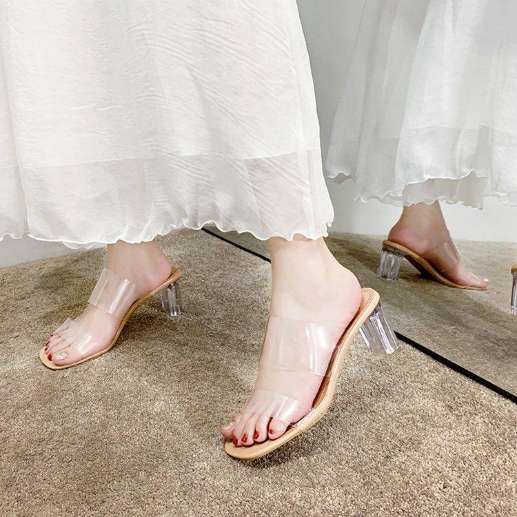 Прозрачные тапочки Женская верхняя одежда Модная универсальная летняя новая сетчатая красная обувь на очень высоком каблуке Сандалии с толстым каблуком и кристаллами