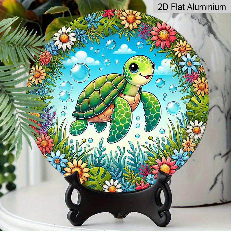 2D Flat - A 1pc 7.87*7.87In/20X20Cm 2D Flat Round Sign Featuring a Cute Cartoon Turtle And Floral Retro Decor, Representing Marine Life And