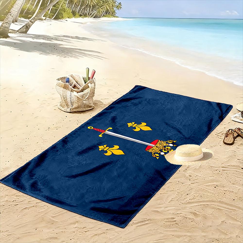 Beach Towel with Golden Crowned Sword Fleur De Lis, Quick Dry Lightweight, Ultra Soft Absorbent, for Vacation Pool Gift