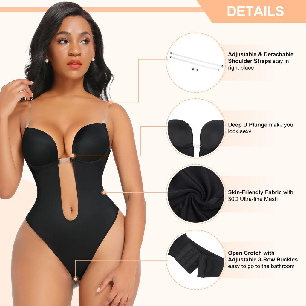 Tummy Control Shapewear for Women Plunge Backless Body Shaper Built-in Bra Camis Deep V-Neck Sexy Thong Bodysuit Party Club Wedding Dress Outfits