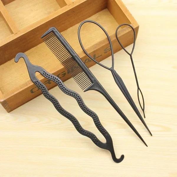 Portable 4 Pcs Hair Styling Tools Braid Tool Loop Elastic Hair Bands Rat Tail Comb Metal Pin Tail Braiding Combs Hairstyle Tools