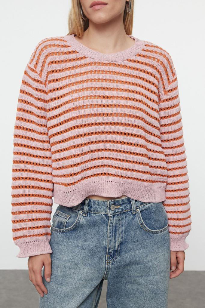 Women's Elegance Style Sweater Black Crop Openwork Perforated Striped Crew Neck Knitwear Sweater