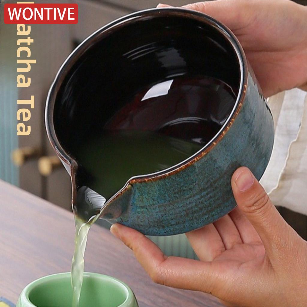 2PCS New Ceramic Matcha Bowl Set With Pouring Spout Reusable Tea Whisk Holder Food Grade Handmade Japanese Green Tea Bowl