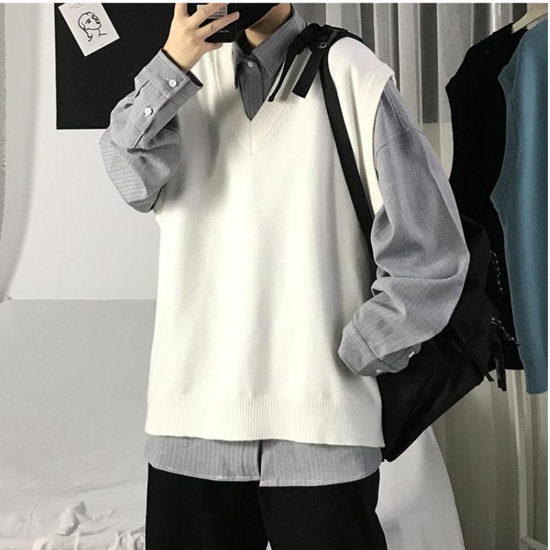 Новый модный толстый жилет без рукавов с v-образным вырезом, свитер без рукавов, хлопковая школьная форма, хлопковый свободный вязаный жилет, свитер для мужчин