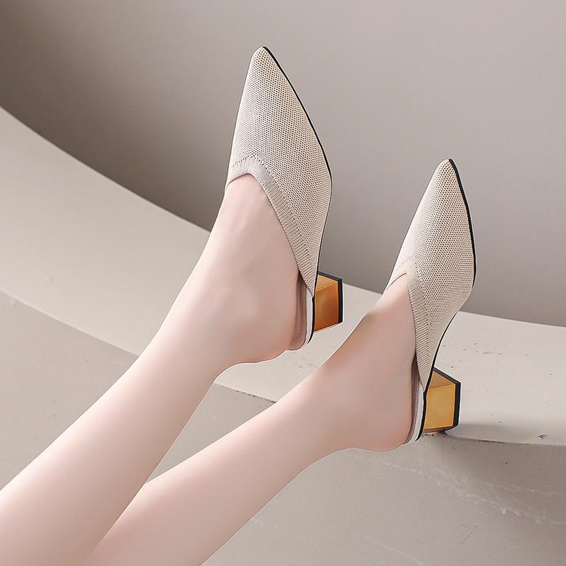 Летние Осенние Популярные Женские Модные Остроносые Вязаные Эластичные Ретро Обертывающие Голову Полуботинки Универсальные На Толстом Каблуке Крутые Шлепанцы