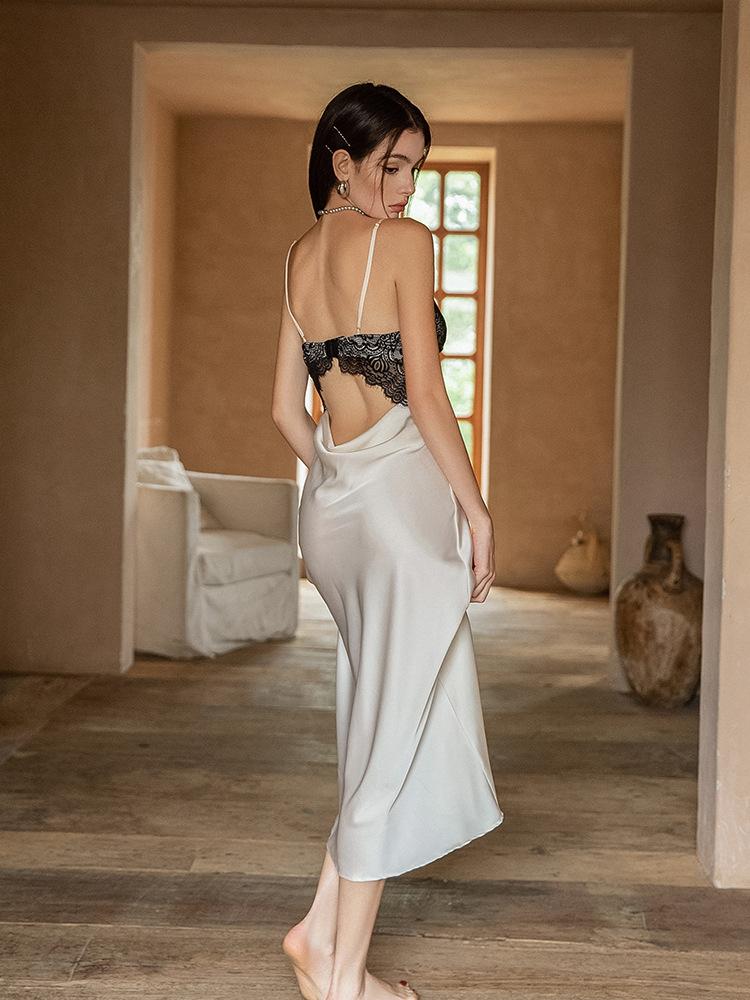 Pajamas women's sexy pure desire French dress new autumn and winter ice silk high-end suspender nightdress loungewear set