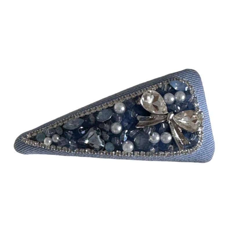 Denim Blue Crystal Pearl Diamond Hairpin Premium French Bow BB Clip Bangs Clip Girl Heart Triangle Edge Clip