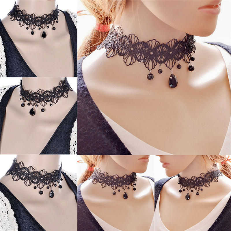 Fashion Gothic Black Lace Retro Choker Collar Flower Pendant Necklace Jewelry