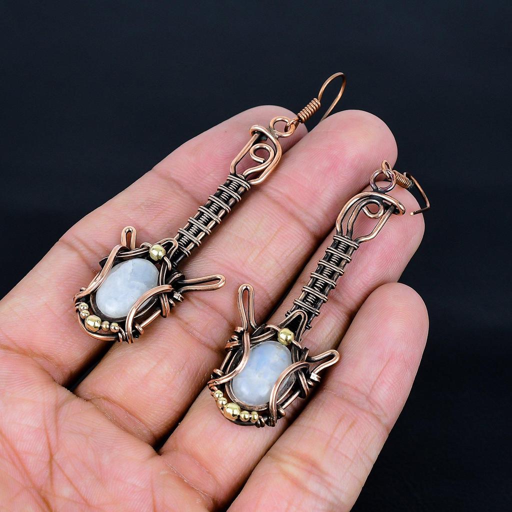 Moonstone Earrings, 999 Copper Wire Wrapped Jewelry, Gift For Women Handmade Earrings Gemstone Jewelry