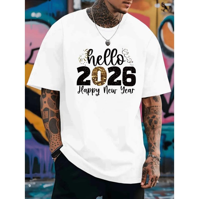 Европейские размеры Мужская футболка hello2026 С Новым годом двусторонний принт мужская модная с короткими рукавами подходит