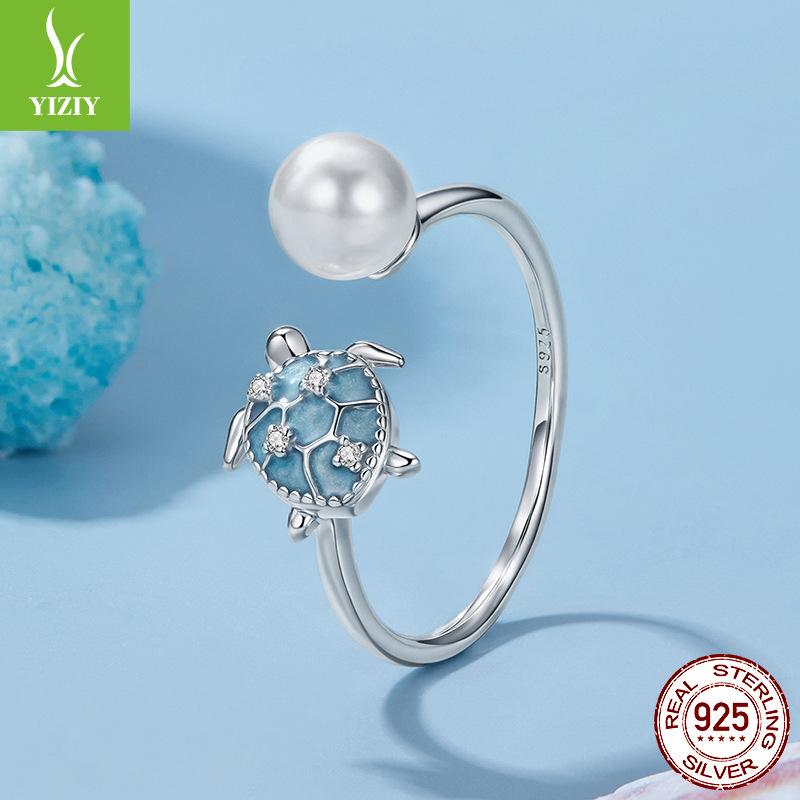 S925 Sterling Silver Turtle Bead Open Ring, Summer Vacation Wind Bead Ring Jewelry