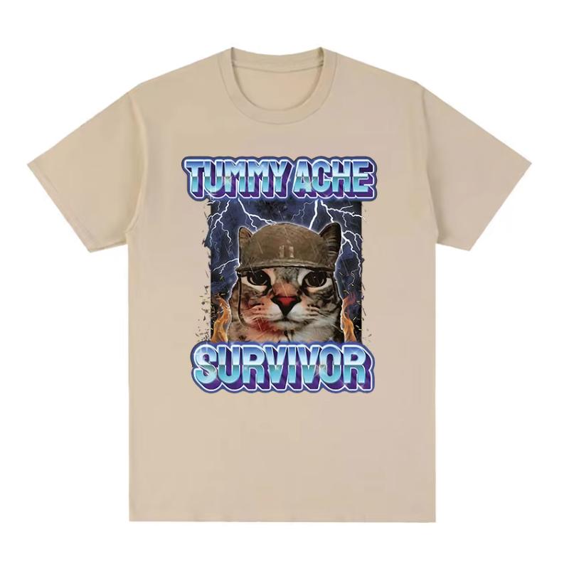 Vintage Tummy Ache Survivor Funny Cat Meme Tee Shirt Unisex Women Clothing Fashion Short Sleeve Tshirt Casual Pure Cotton T Shirts