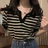 Summer Women Loose Knitted Short-sleeved T-shirt V-Neck Striped Polo Shirt Female Ice Silk Sweater Outer Wear Top Black