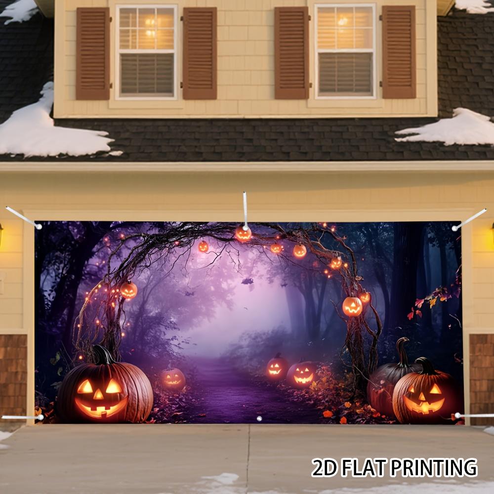 2D flat design, 1 Halloween garage door decoration - A terrifying pumpkin path banner with glowing pumpkin lanternszyc