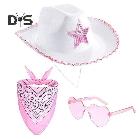 3 шт./компл. ковбойская шляпа, женская розовая фетровая шляпа в стиле вестерн, ковбойская шляпа с банданой, очки, аксессуары, головной убор