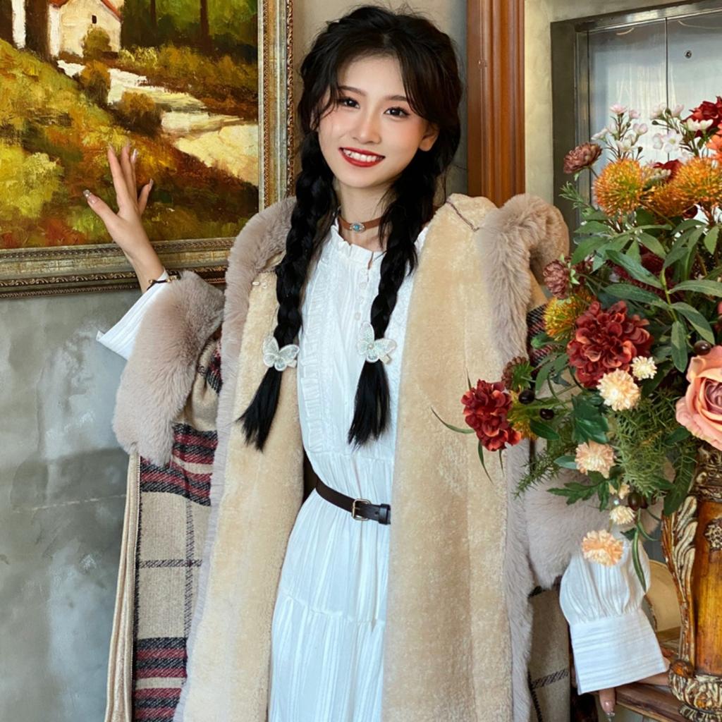 Thickened Warm Shawl Cloak Retro Plaid Hooded Large Fur Collar Coat Women's Clothing