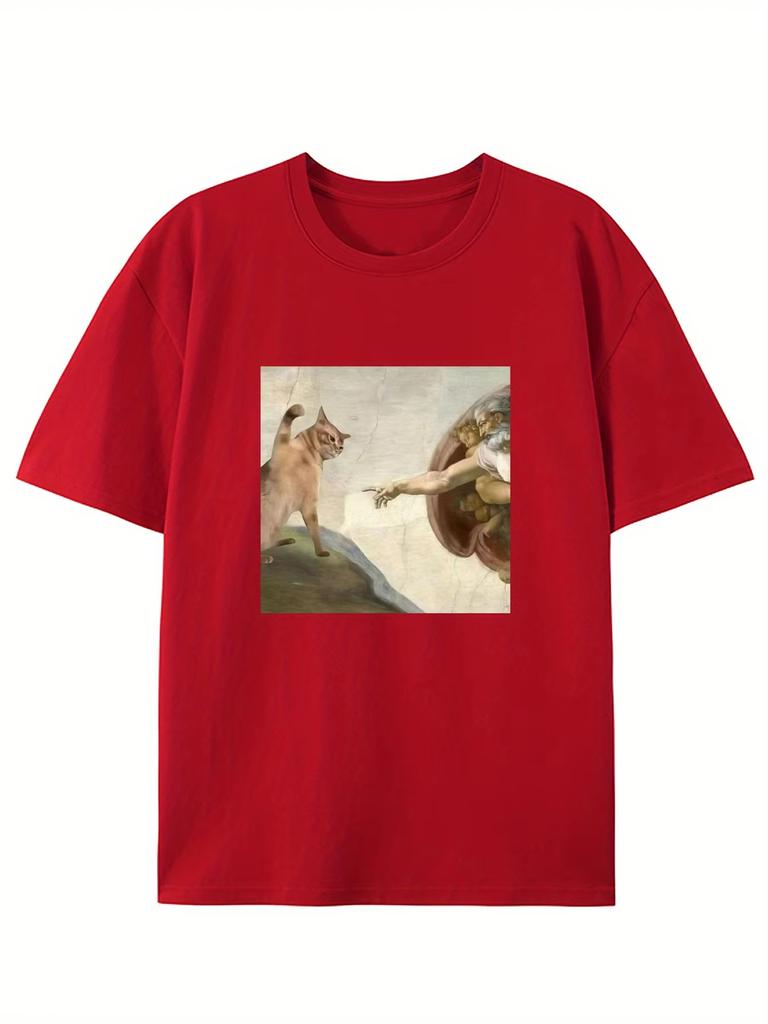 Humorous Cat and Adam Creation Parody Graphic T-Shirt Regular Fit Short Sleeve Pullover for Adult - Summer Casual Fashion Top