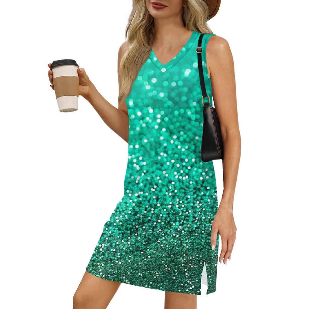 Women's V-neck Summer Casual Beach Vacation Women's Sleeveless Sparkly Print Sundress
