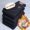 Winter Men's Fleece Warm Jeans Style Business Casual Thicken Fit Denim Pants Black Blue Trousers