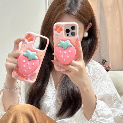 Чехол-кронштейн 3D Sweet Strawberry для iPhone 16 15 14 13 12 Pro Max, противоударный, мягкий, силиконовый чехол с подставкой, чехлы для телефонов