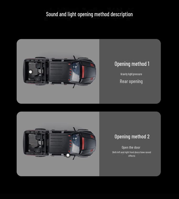 1:32 Модель пикапа Dodge Ram TRX — игрушечный автомобиль из сплава со звуком, светом и открывающейся назад дверью для детей