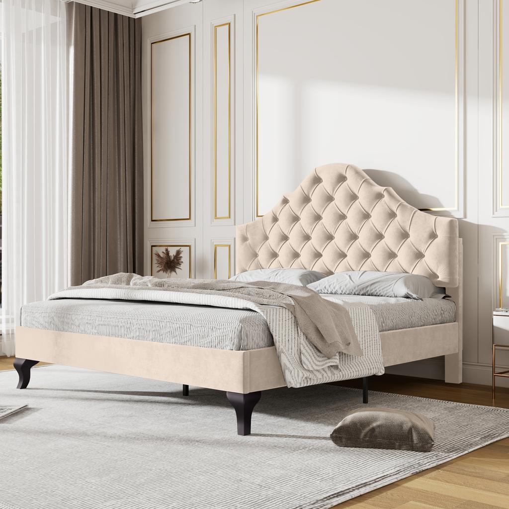 Upholstered Bed 140*190 with Wooden Slatted Frame and Height-Adjustable Headboard, for Adults and Teens, Easy Assembly, Velvet, Beige