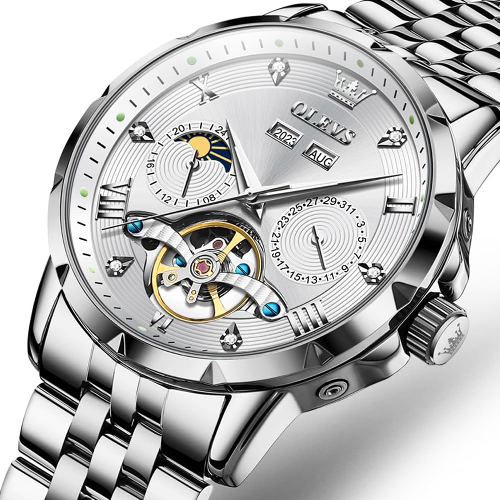 OLEVS Механические автоматические часы с фазами Луны, стильные, водонепроницаемые, популярные, светящиеся, мужские, белые