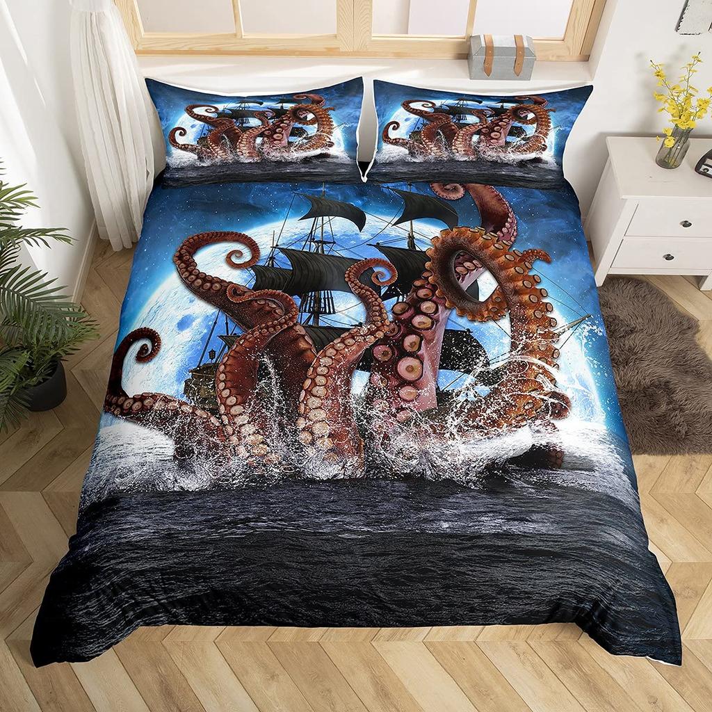 Комплект пододеяльника для парусника Размер Твин Кинг Квин Морская тема Чайка Постельный комплект Микрофибра Рустикальная деревянная доска Пододеяльник