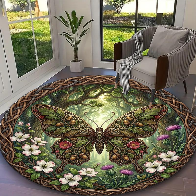 1pc Navy Blue Butterfly Dragonfly Floral Printed Chair Rug for Home Office Use, Living Room Kitchen Game Room Round Carpet