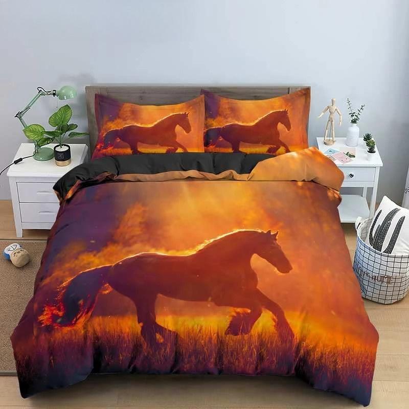 Комплект постельного белья Horse King Queen 3D Galloping Horse Пододеяльник Animal Spring Wildflower Покрывало из зеленого полиэстера