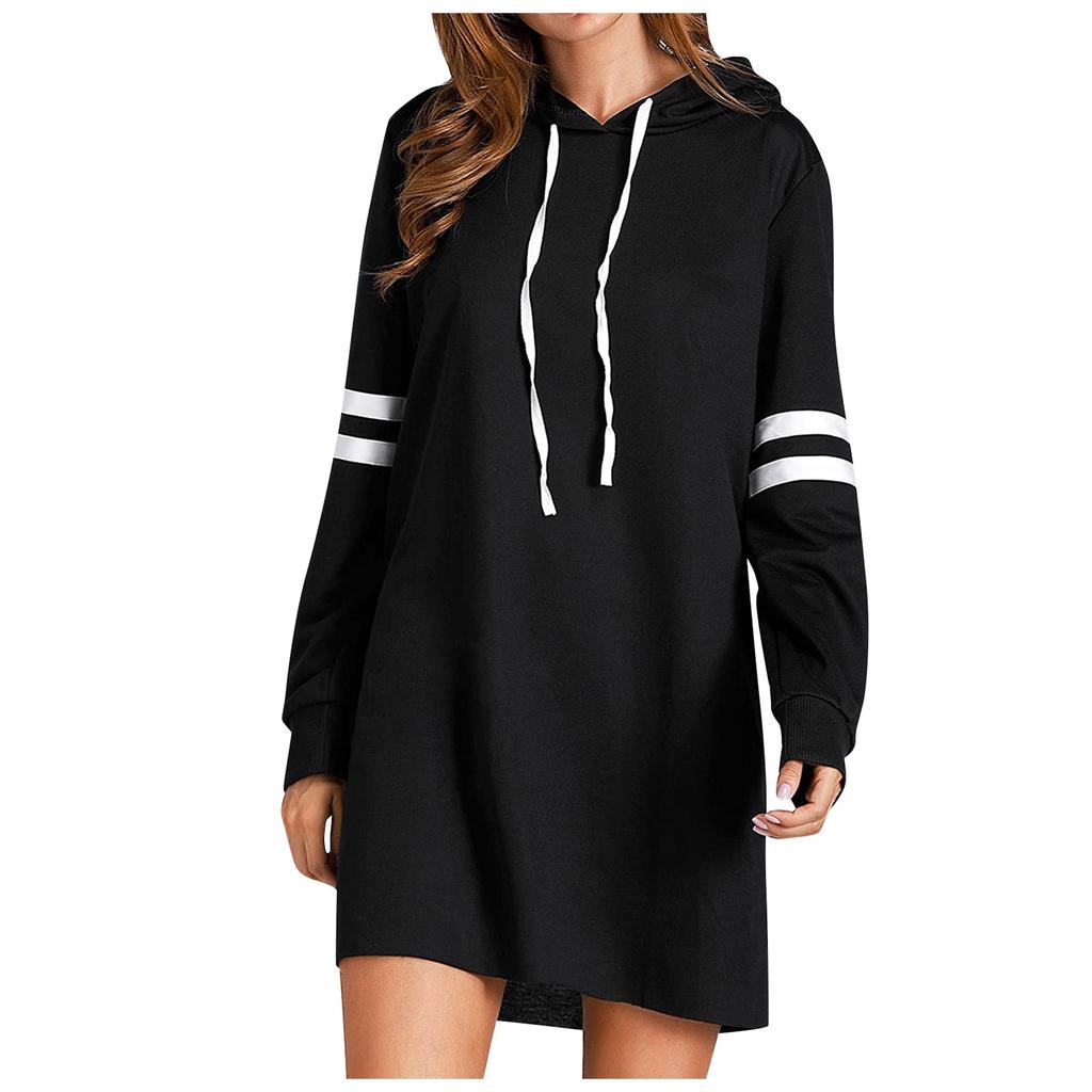 Women's Contrasting Color Long Sleeve Hooded Pocket Pullover Hooded Dress