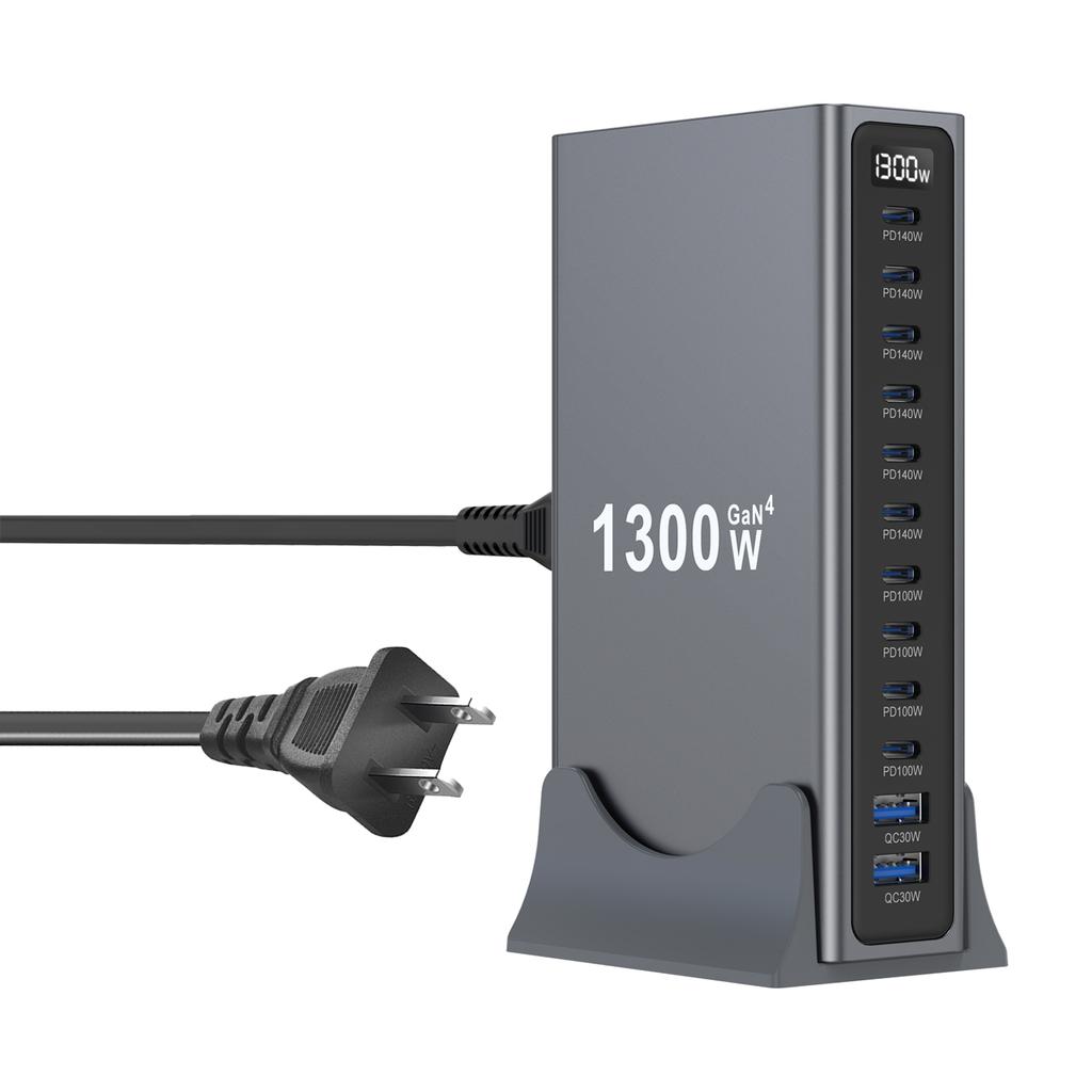12-Port GaN Desktop Charging Station, 10 USB-C & 2 USB-A PD QC Fast Charger Hub Digital Display for Laptop IPhone Tablet