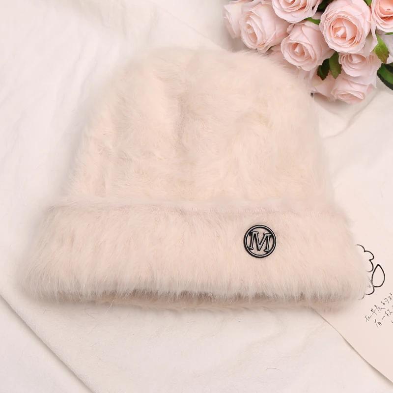 Fashion Rabbit Fur Beanies Women Soft Warm Fluffy Angola Winter Knitted Hat Female Plush Windproof Bonnet Skullies Cap