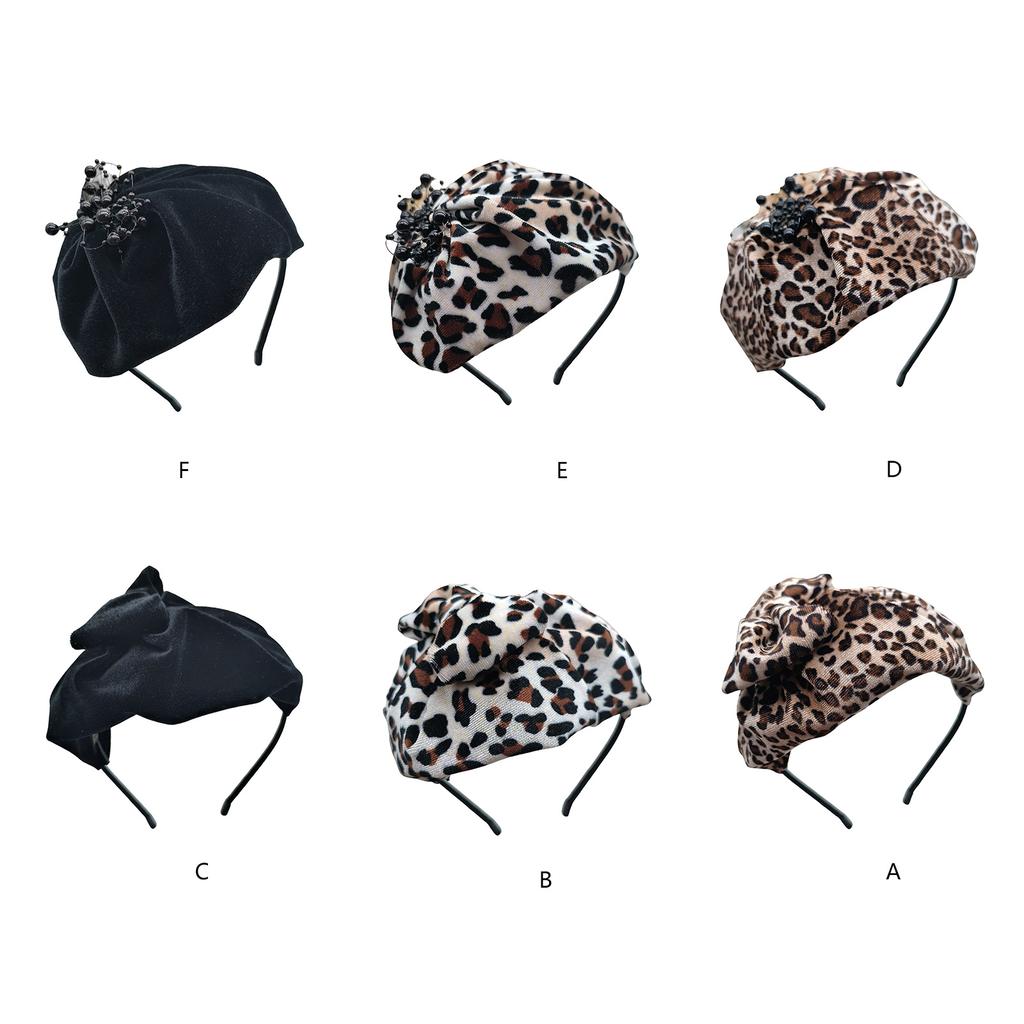 Bowknot Hairhoop Half Caps for Women Elegant Leopard Pattern Headband Nonslip Sweet Fascinator Hairband for Formal Dress
