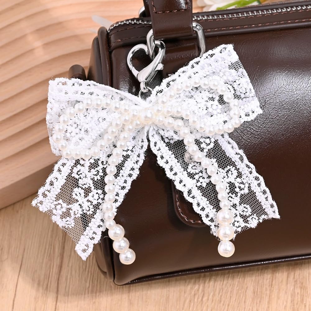Imitation Pearls Lace Bowknot Keychain Sweet Beaded Pendant Keyring for Women Handbag and Backpack Key Chain Exquisite Ornament