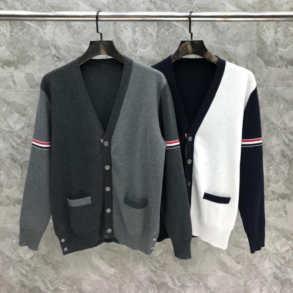 Autumn/Winter Unisex Double Sleeve Cotton Cardigan – Red, White & Blue Color Block with Five Buttons