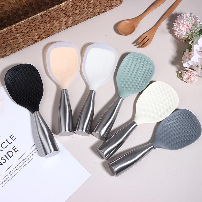 1Pc Silicone Spoon Non-Stick Cooking Spoon Stainless Steel Handle Anti-Scalding Pot Rice Spoon Durable Kitchen Gadgets