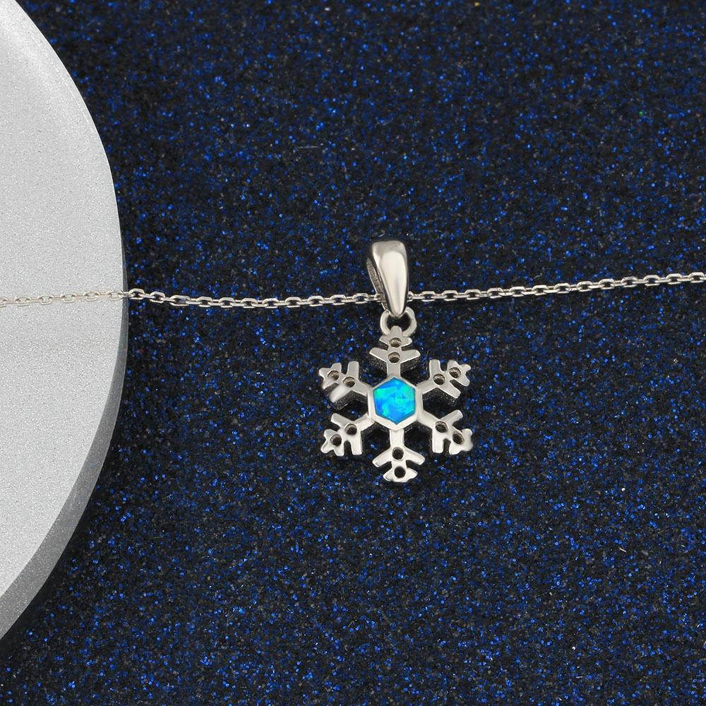 High Quality Genuine 925 Silver Christmas Snowflake Pendant Necklace Blue Opal Sweater Clavicle Chain