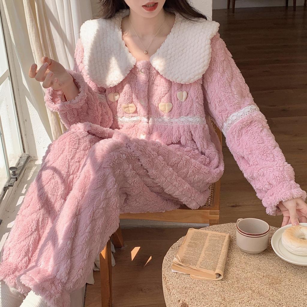 Женская пижама из кораллового флиса - плотный бархат, стиль принцессы, на осень и зиму
