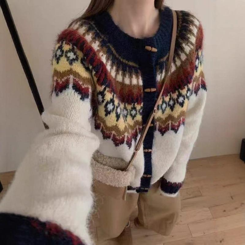 Жакет-свитер Fair Isle, женская одежда, осень и зима, новый свободный, с круглым вырезом, в стиле ретро, жаккардовый, на вязаной кардигане с пуговицами из рога