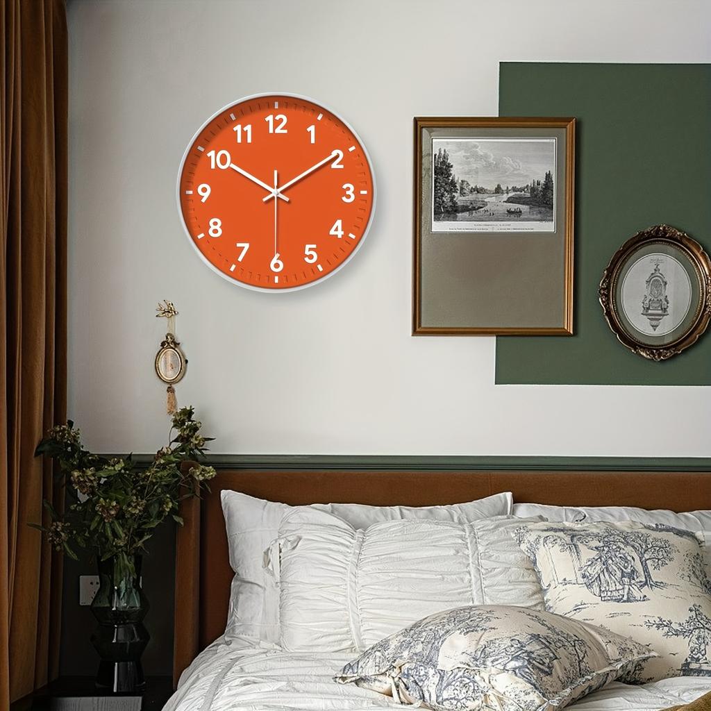 Современные 12-дюймовые бесшумные кварцевые настенные часы оранжево-белые, стеклянные акценты, идеально подходят для декора гостиной, спальни, кухни, работают от батарейки AA