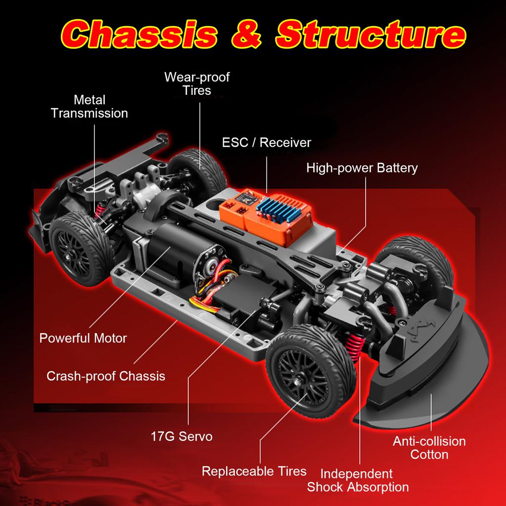 1:16 2.4G RC Drift Car with Gyro, LED Lights, Interchangeable Tires, Remote Control Car for Adults and Kids Black 1