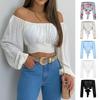 Women Sexy Cropped Tops Off Shoulder Lantern Long Sleeve Blouse Cross Lace-up Solid Color Loose