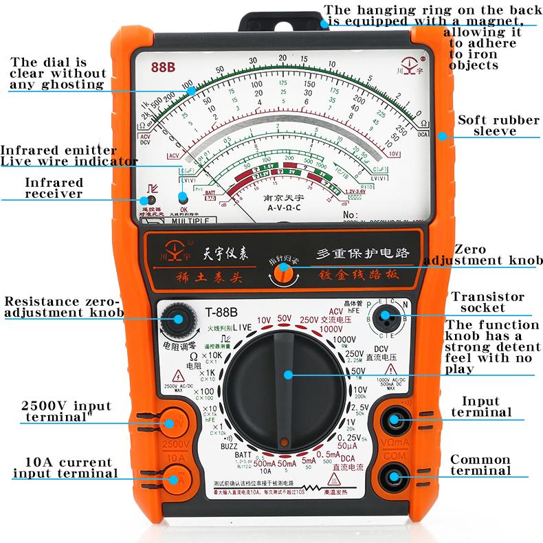 NJTY 88B Analog Multimeter Mechanical High Precision Buzzer Overload Protection Universal Table Internal Magnet
