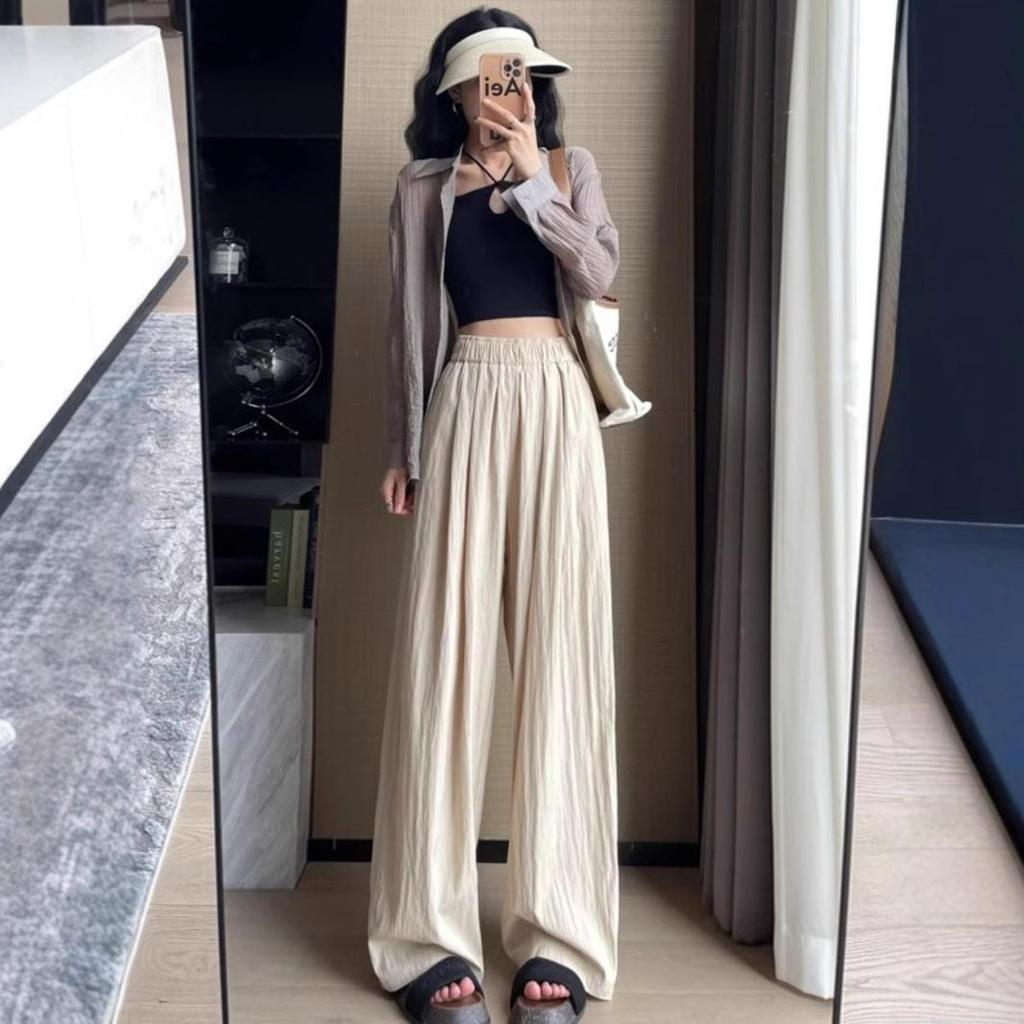 Маленькие летние брюки из ледяного шелка с широкими штанинами и высокой талией для женщин