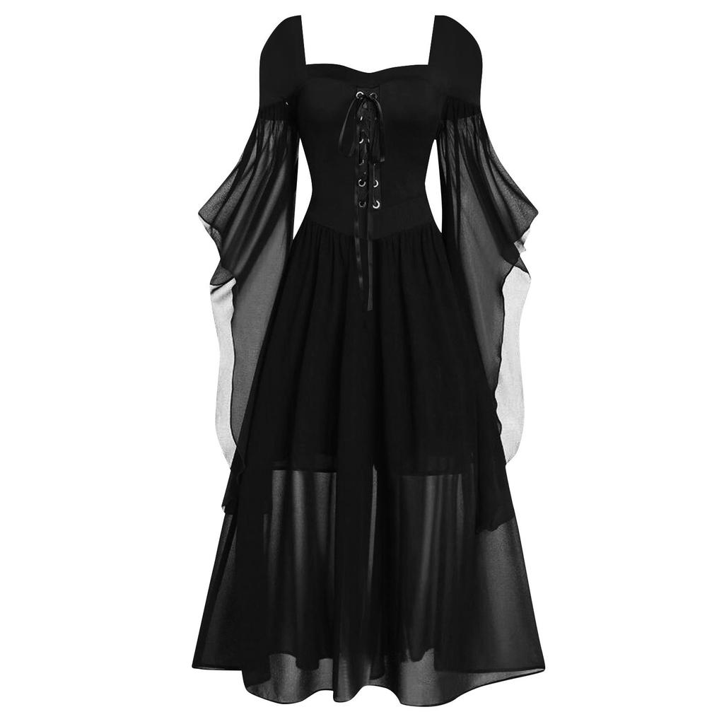 Womne Plus Size Cold Shoulder Butterfly Sleeve Lace Up Halloween Gothic Dress
